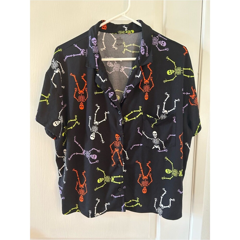 Way To Celebrate Halloween Skeleton Pajama Top Size M Button Down Sleepwear
